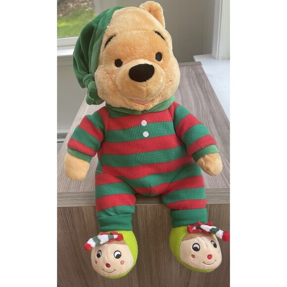 Disney Store Winnie the Pooh Bear Pajamas Red Green Christmas Plush Toy  EUC - Picture 1 of 11